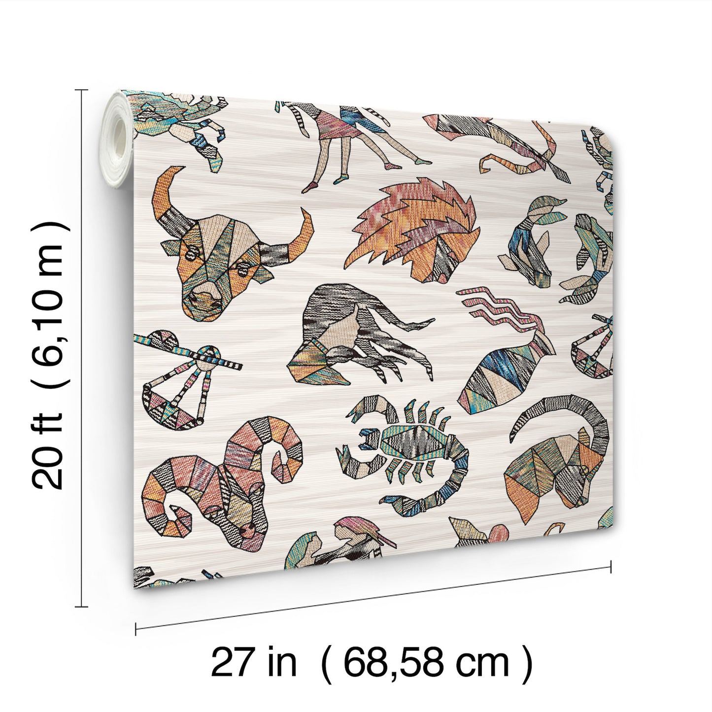 Peel-and-stick wallpaper in multicolor featuring zodiac motifs over flame-stitch background, Missoni PSWP Constellations pattern PSW1644RL.