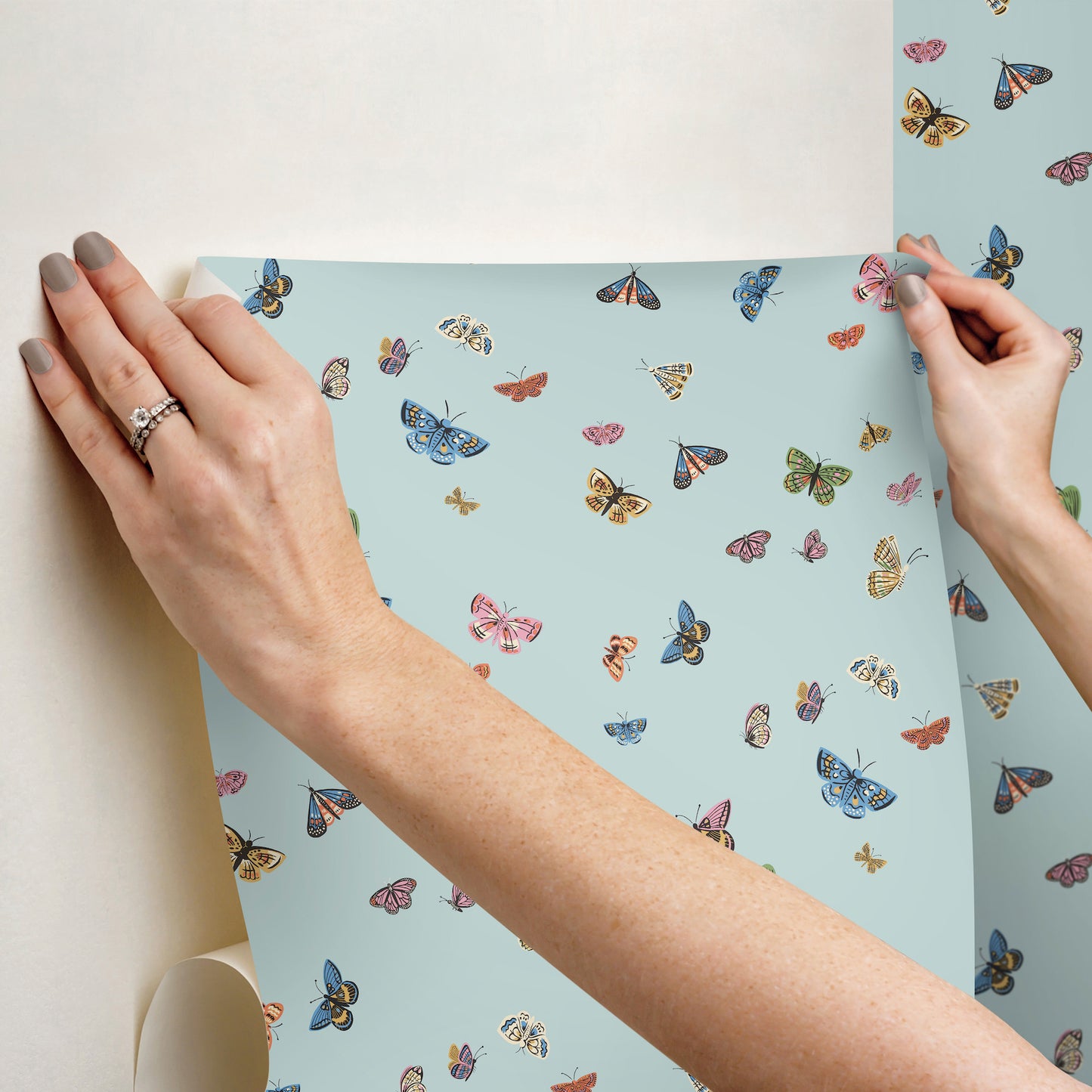 York Wallcoverings Nikki Chu Premium Peel + Stick Butterfly House Light Blue Peel and Stick Wallpaper Whimsical Animals and Insects Blues  Wallpaper - PSW1650RL