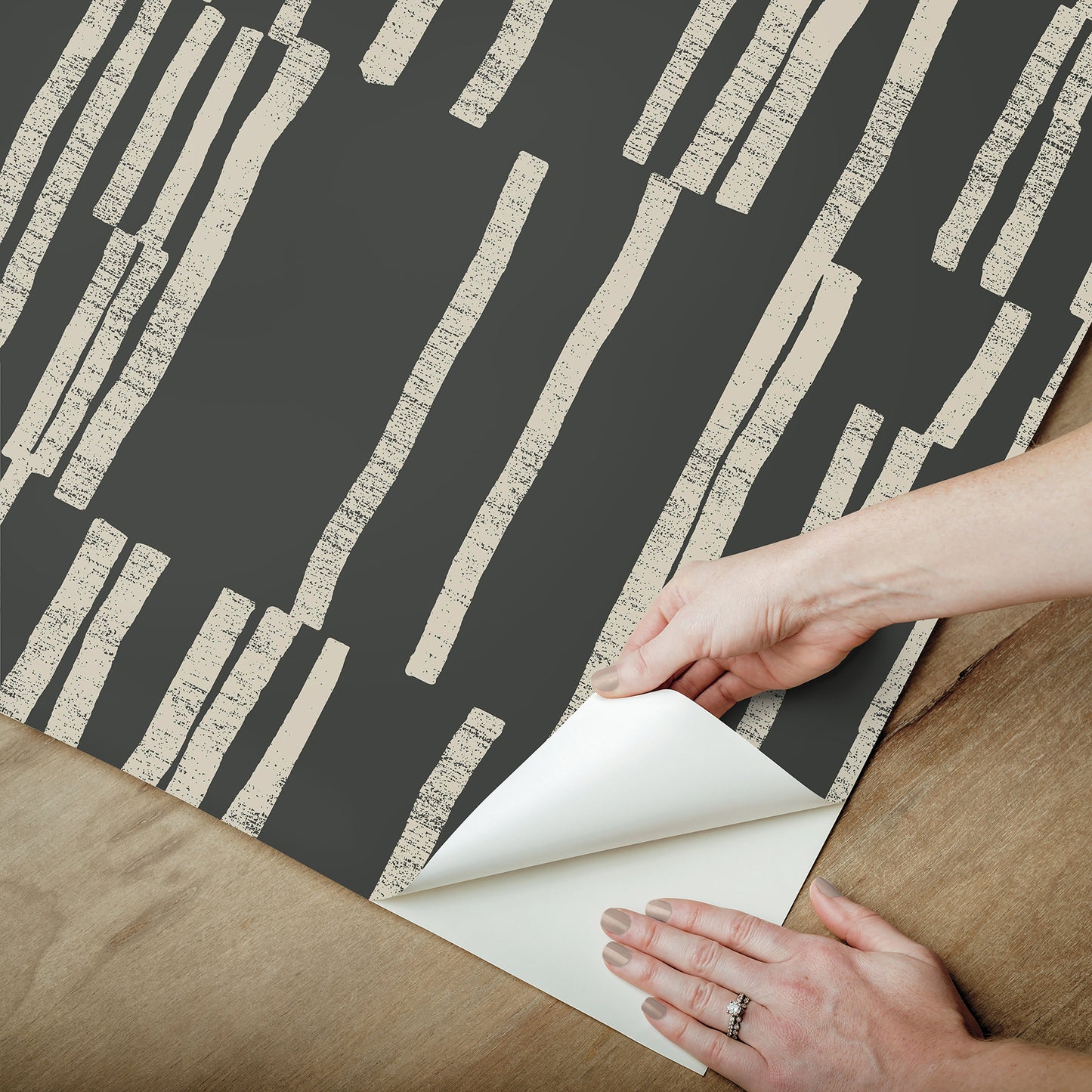 York Wallcoverings Nikki Chu Premium Peel + Stick Koso Black and Taupe Premium Peel + Stick Wallpaper Modern Stripes Blacks  Wallpaper - PSW1663RL