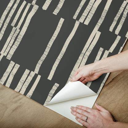 York Wallcoverings Nikki Chu Premium Peel + Stick Koso Black and Taupe Premium Peel + Stick Wallpaper Modern Stripes Blacks  Wallpaper - PSW1663RL