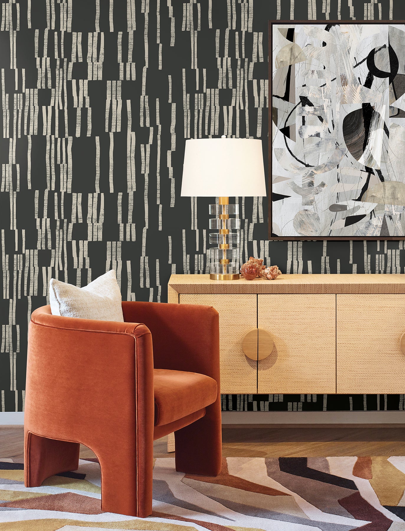 York Wallcoverings Nikki Chu Premium Peel + Stick Koso Black and Taupe Premium Peel + Stick Wallpaper Modern Stripes Blacks  Wallpaper - PSW1663RL