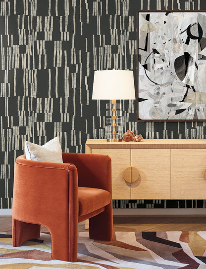 York Wallcoverings Nikki Chu Premium Peel + Stick Koso Black and Taupe Premium Peel + Stick Wallpaper Modern Stripes Blacks  Wallpaper - PSW1663RL