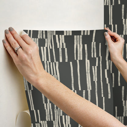 York Wallcoverings Nikki Chu Premium Peel + Stick Koso Black and Taupe Premium Peel + Stick Wallpaper Modern Stripes Blacks  Wallpaper - PSW1663RL