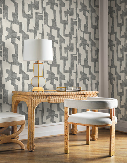 York Wallcoverings Mirth Studios Tribe Black and Taupe Premium Peel + Stick Wallpaper Modern Geometrics Blacks  Wallpaper - PSW1669RL