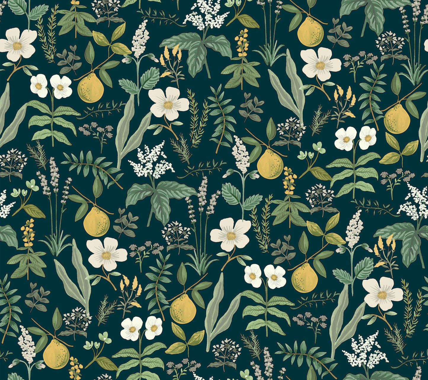Seamless botanical print with yellow lemons, white flowers & green foliage on a dark teal background.