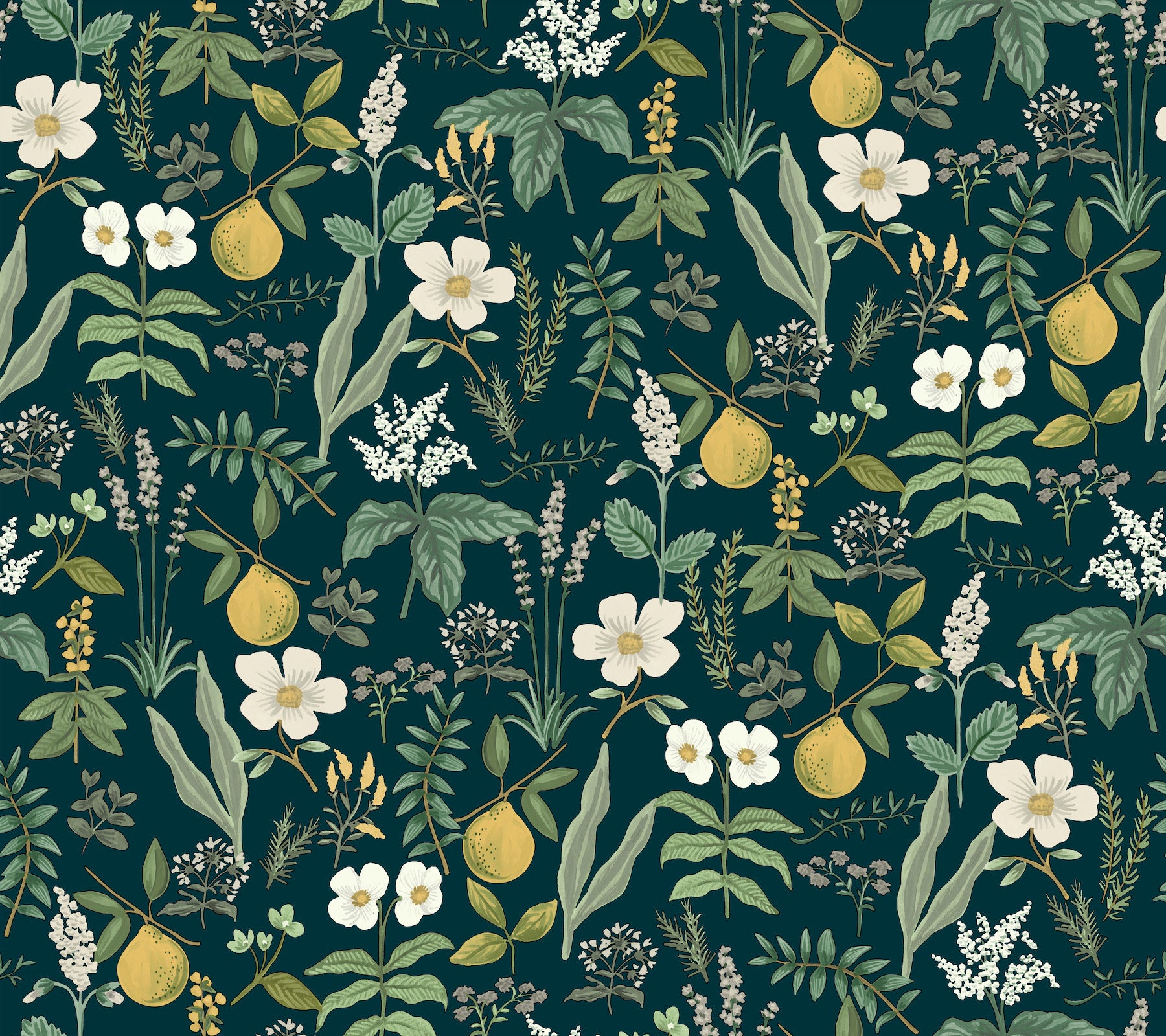 Seamless botanical print with yellow lemons, white flowers & green foliage on a dark teal background.