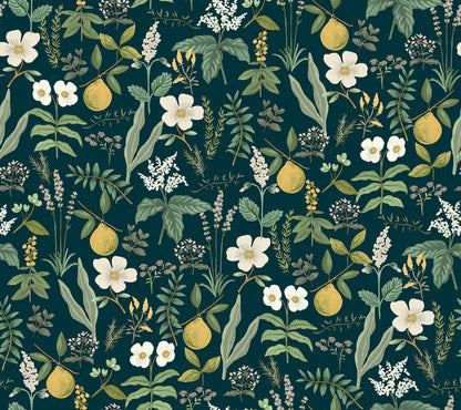 Seamless botanical print with yellow lemons, white flowers & green foliage on a dark teal background.