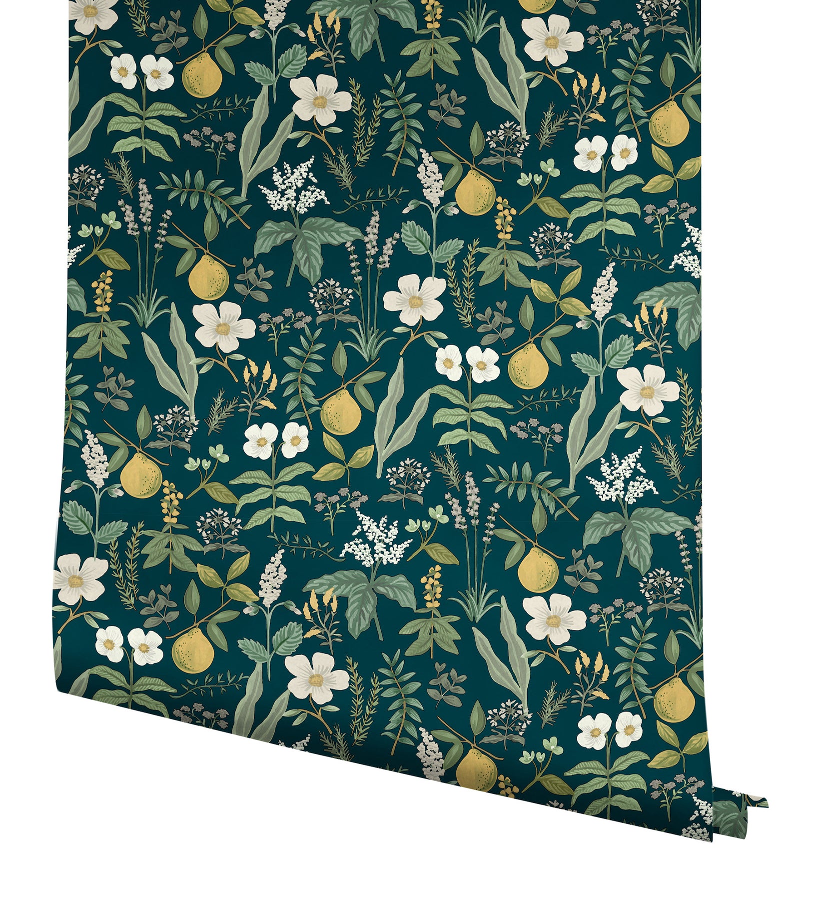 Dark teal wallpaper with botanical print featuring white flowers, yellow pears, & green leaves, rolled panel.