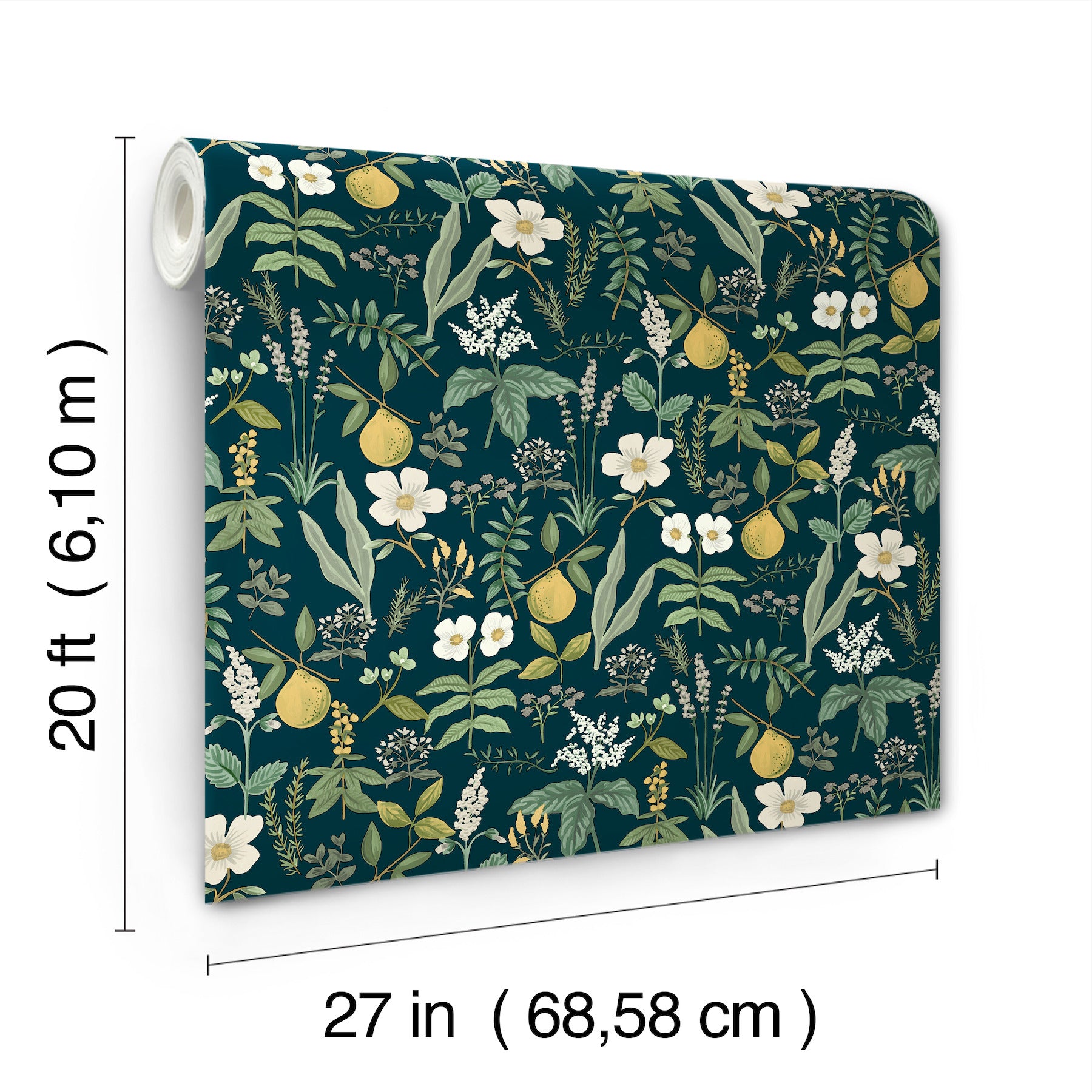 Botanical wallpaper roll with navy background, white flowers, green leaves and yellow pears; 27 in wide & 20 ft long