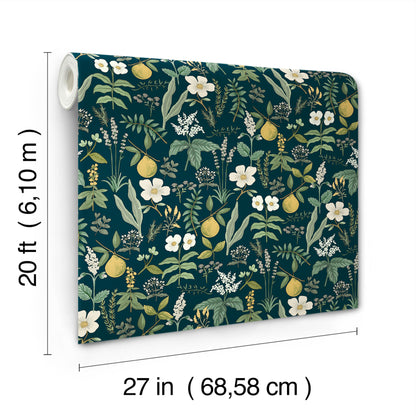 Botanical wallpaper roll with navy background, white flowers, green leaves and yellow pears; 27 in wide & 20 ft long
