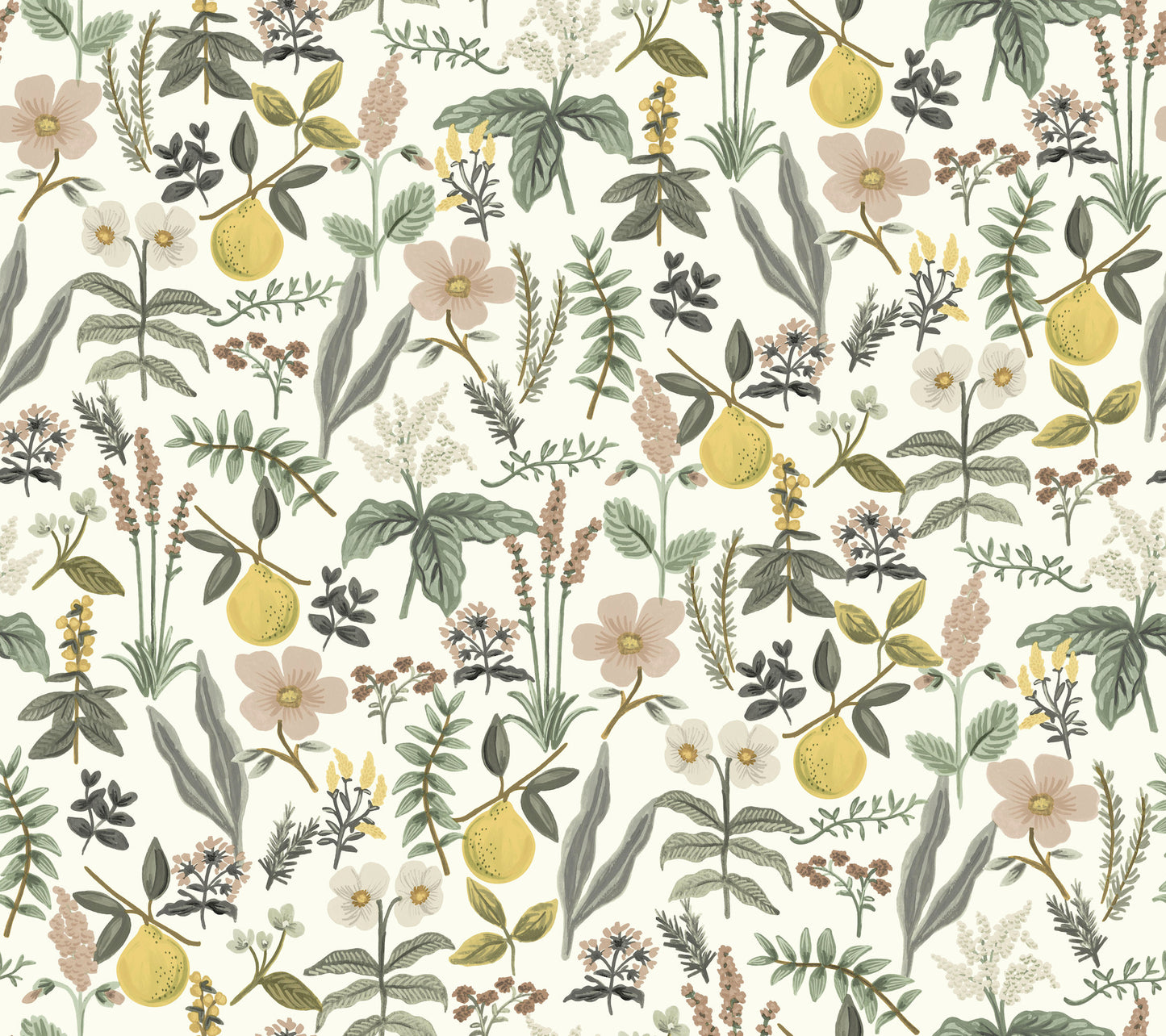 Pastel lemon botanical pattern with yellow lemons, pink flowers and green leaves on cream, ideal for wallpaper.