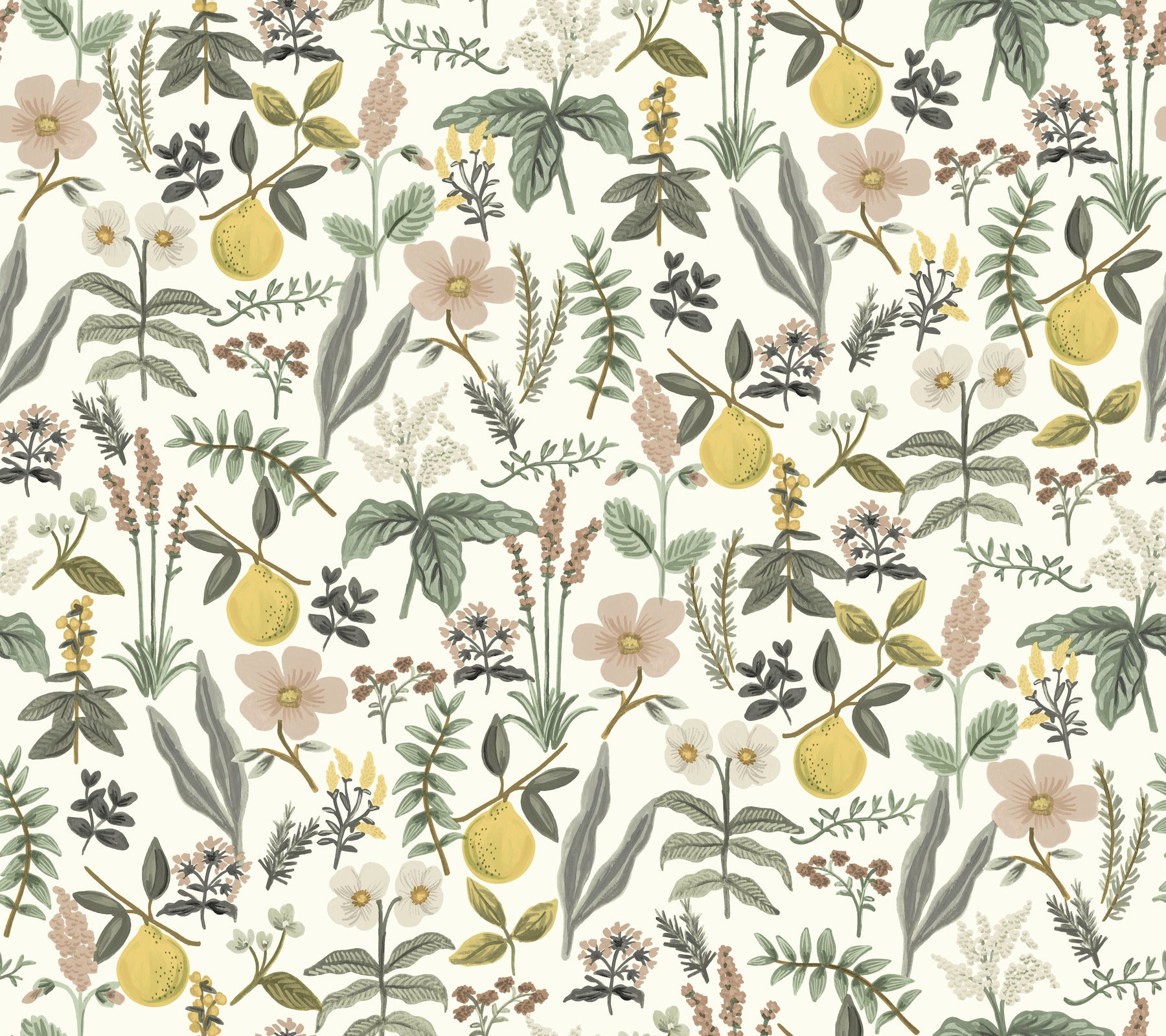 Pastel lemon botanical pattern with yellow lemons, pink flowers and green leaves on cream, ideal for wallpaper.