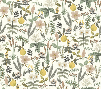 Pastel lemon botanical pattern with yellow lemons, pink flowers and green leaves on cream, ideal for wallpaper.