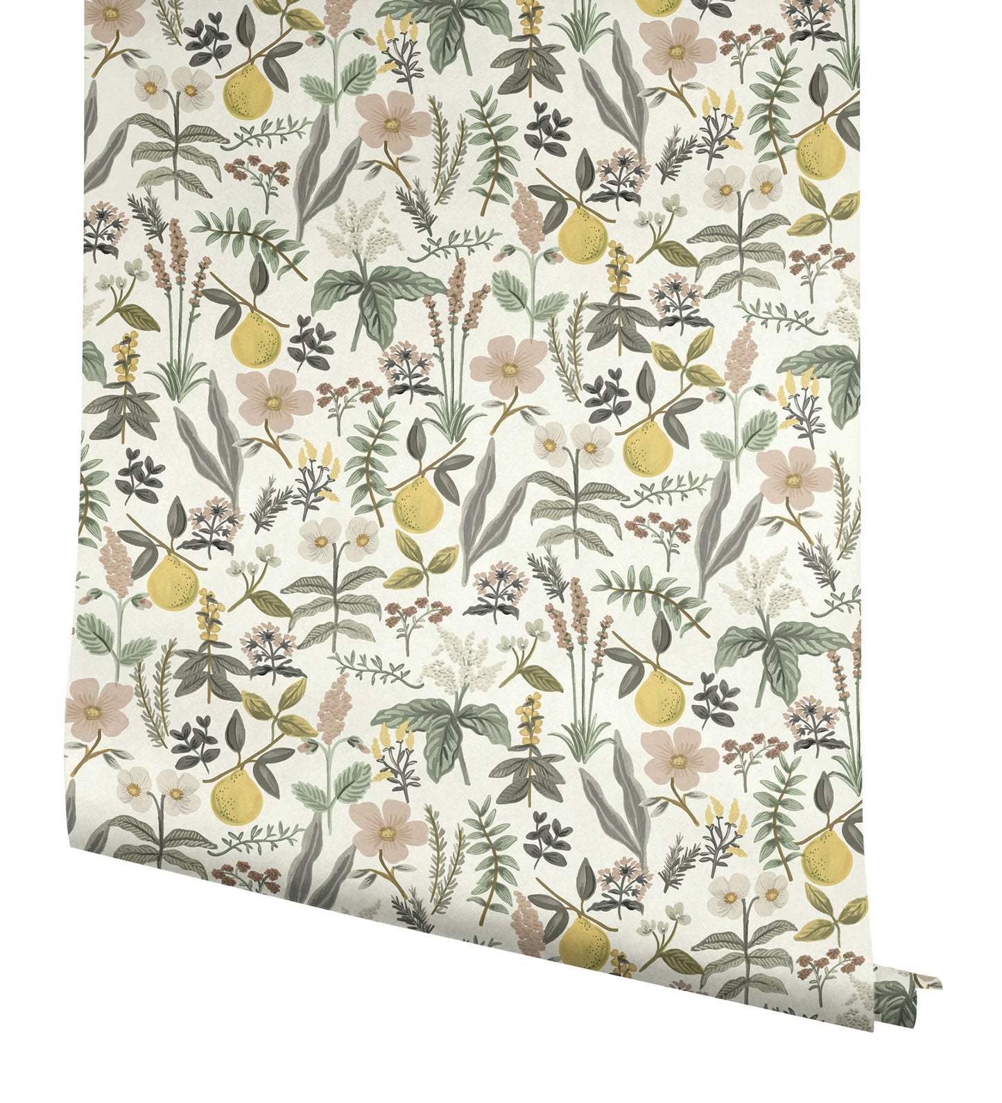 Botanical wallpaper roll featuring yellow lemons, pastel pink flowers and green leaves on cream background.