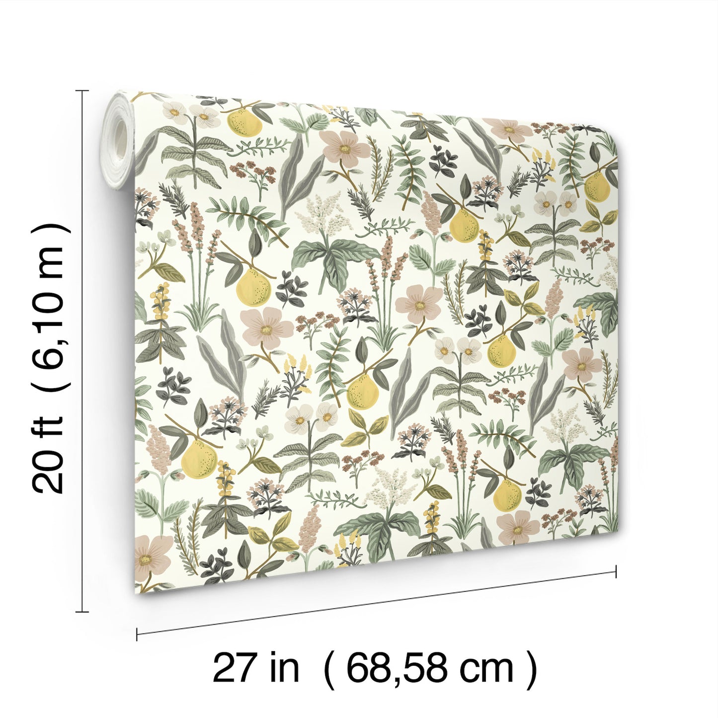 Floral lemon botanical wallpaper roll with pastel greens, yellows and pink blooms; 27 in x 20 ft.