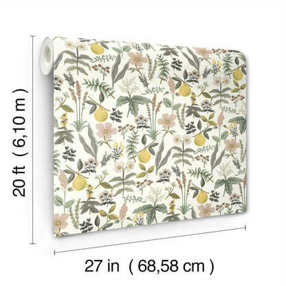 Floral lemon botanical wallpaper roll with pastel greens, yellows and pink blooms; 27 in x 20 ft.