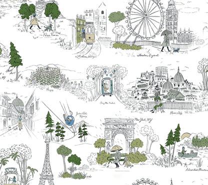 York Wallcoverings Rifle Paper Co. Travel Sketches Blue Globetrotter Premium Peel + Stick Wallpaper Graphics Whimsical Blue  Wallpaper - PSW1682RL