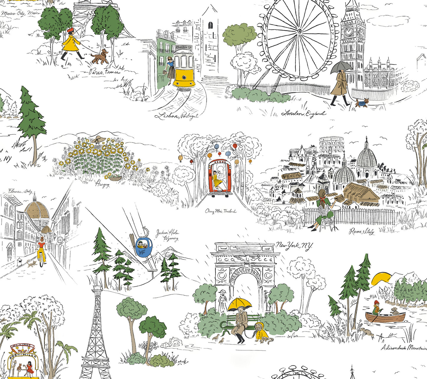 York Wallcoverings Rifle Paper Co. Travel Sketches Yellow Globetrotter Premium Peel + Stick Wallpaper Graphics Whimsical Yellow  Wallpaper - PSW1683RL