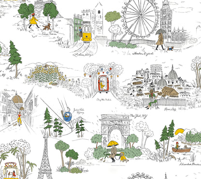 York Wallcoverings Rifle Paper Co. Travel Sketches Yellow Globetrotter Premium Peel + Stick Wallpaper Graphics Whimsical Yellow  Wallpaper - PSW1683RL