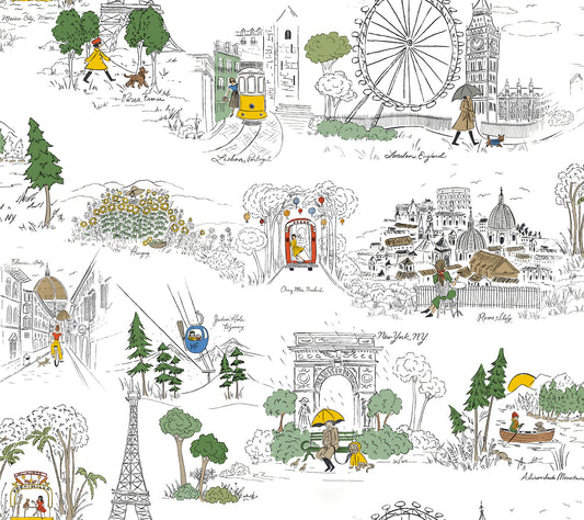 York Wallcoverings Rifle Paper Co. Travel Sketches Yellow Globetrotter Premium Peel + Stick Wallpaper Graphics Whimsical Yellow  Wallpaper - PSW1683RL