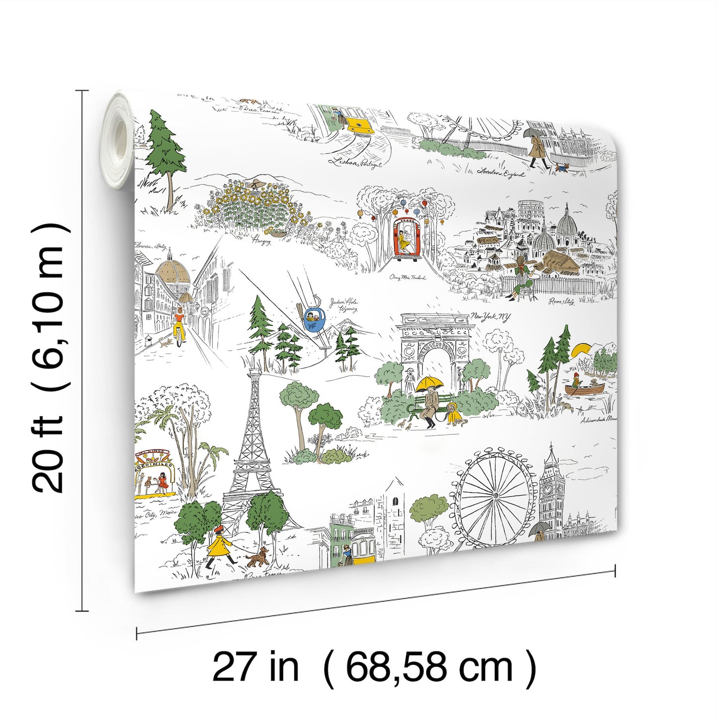 York Wallcoverings Rifle Paper Co. Travel Sketches Yellow Globetrotter Premium Peel + Stick Wallpaper Graphics Whimsical Yellow  Wallpaper - PSW1683RL