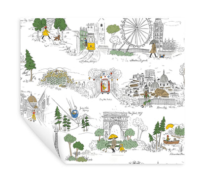 York Wallcoverings Rifle Paper Co. Travel Sketches Yellow Globetrotter Premium Peel + Stick Wallpaper Graphics Whimsical Yellow  Wallpaper - PSW1683RL