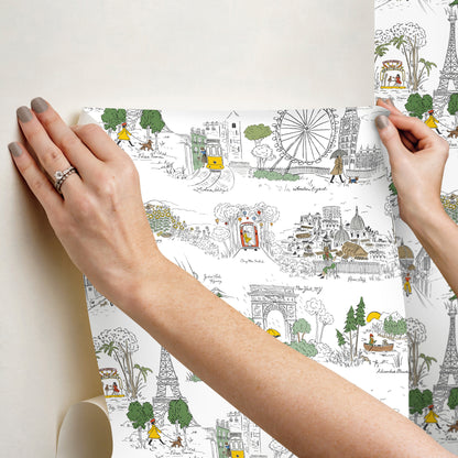 York Wallcoverings Rifle Paper Co. Travel Sketches Yellow Globetrotter Premium Peel + Stick Wallpaper Graphics Whimsical Yellow  Wallpaper - PSW1683RL