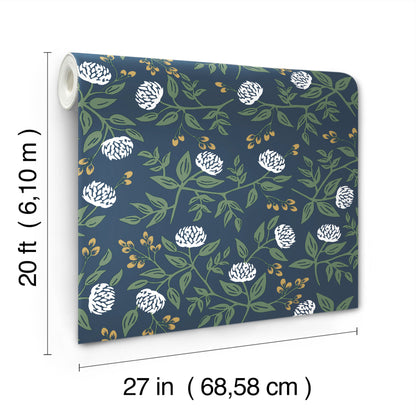 York Wallcoverings Rifle Paper Co. Peonies Navy Floral Premium Peel + Stick Wallpaper Botanical Modern Navy  Wallpaper - PSW1687RL