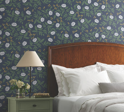 York Wallcoverings Rifle Paper Co. Peonies Navy Floral Premium Peel + Stick Wallpaper Botanical Modern Navy  Wallpaper - PSW1687RL