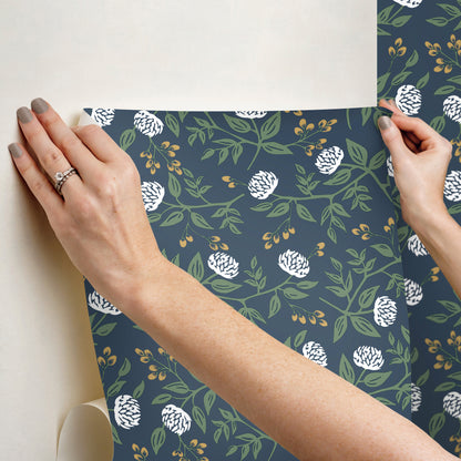 York Wallcoverings Rifle Paper Co. Peonies Navy Floral Premium Peel + Stick Wallpaper Botanical Modern Navy  Wallpaper - PSW1687RL