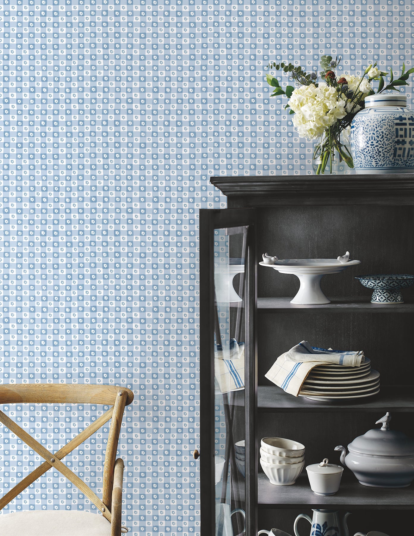 York Wallcoverings Rifle Paper Co. Daisy Gingham Blue Floral Check Premium Peel + Stick Wallpaper Graphics Whimsical Blue  Wallpaper - PSW1689RL
