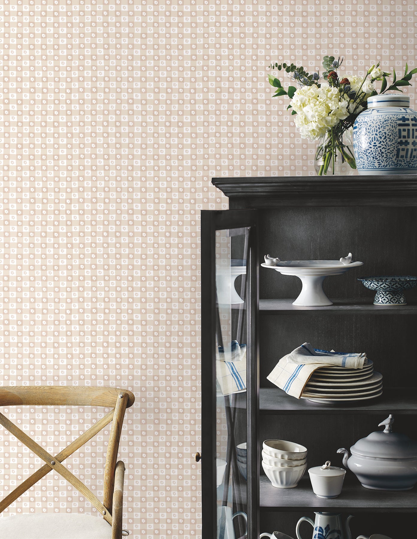 York Wallcoverings Rifle Paper Co. Daisy Gingham Blush Floral Check Premium Peel + Stick Wallpaper Graphics Whimsical Blush  Wallpaper - PSW1690RL
