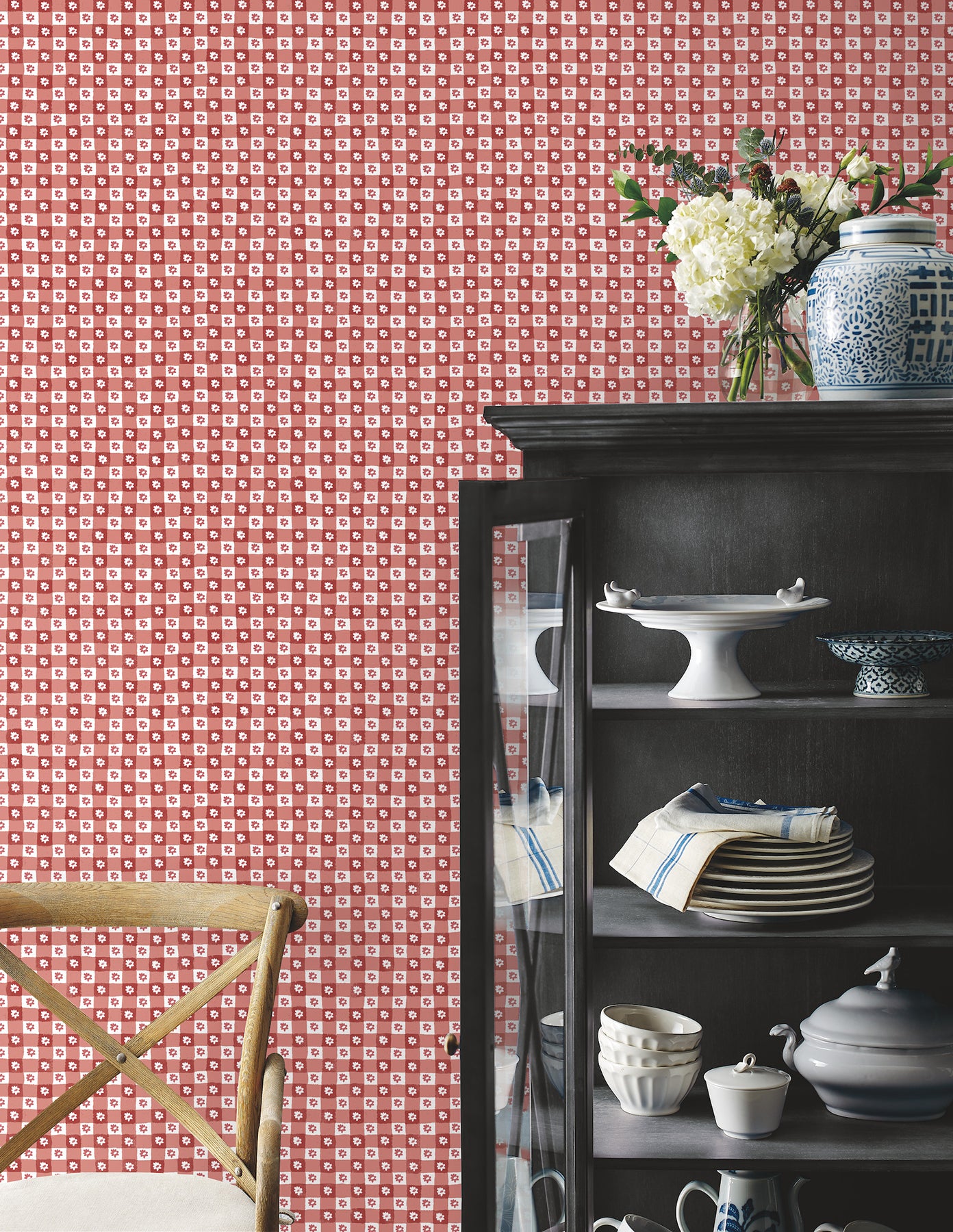 York Wallcoverings Rifle Paper Co. Daisy Gingham Red Floral Check Premium Peel + Stick Wallpaper Graphics Whimsical Red  Wallpaper - PSW1691RL