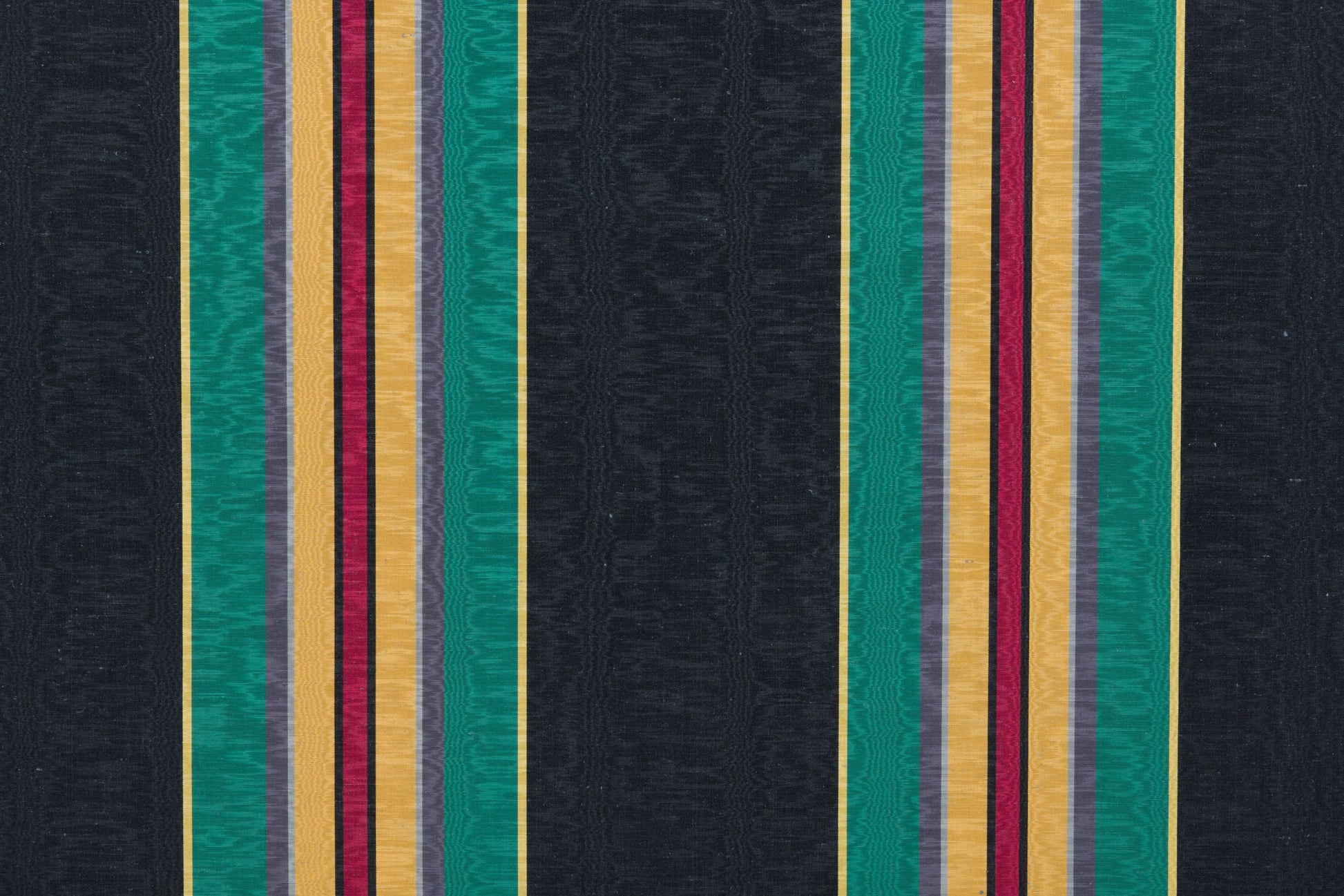 Black moire fabric with bold vertical stripes in teal, gold, gray and burgundy; modern striped textile.