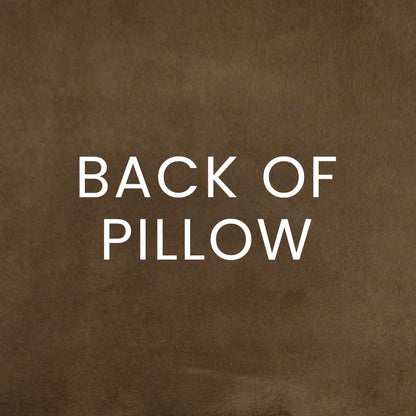 Tan suede texture backdrop with bold white 'BACK OF PILLOW' text.