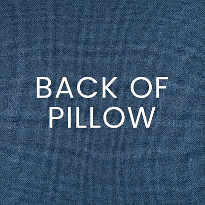 Blue denim-texture pillow cover with white 'BACK OF PILLOW' text.