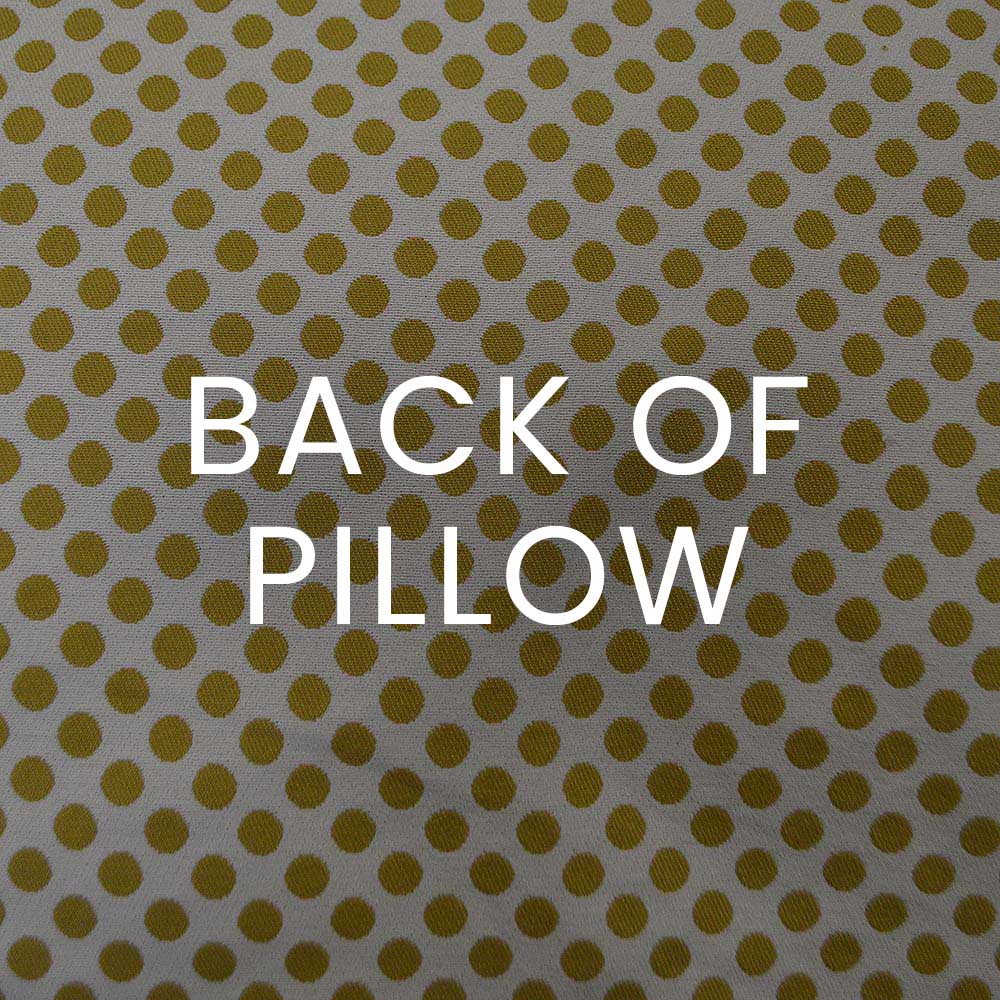 Pillow with gold polka dots on light gray fabric, 24" x 24".