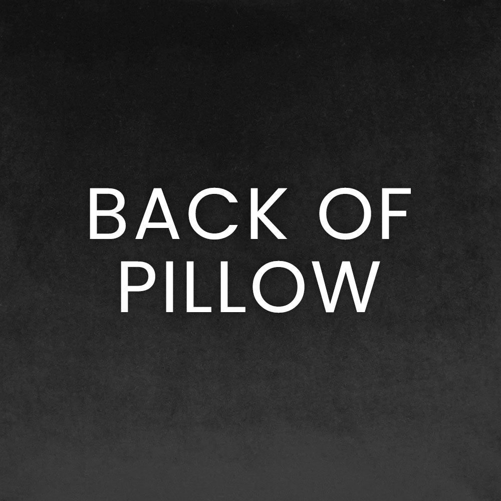 Back of pillow label on charcoal gradient background, white uppercase 'BACK OF PILLOW' text.