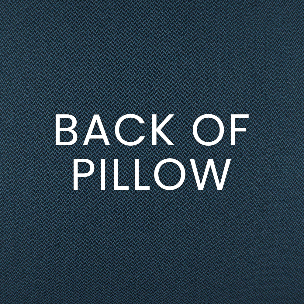 Dark blue knitted textile texture with bold white 'BACK OF PILLOW' lettering.