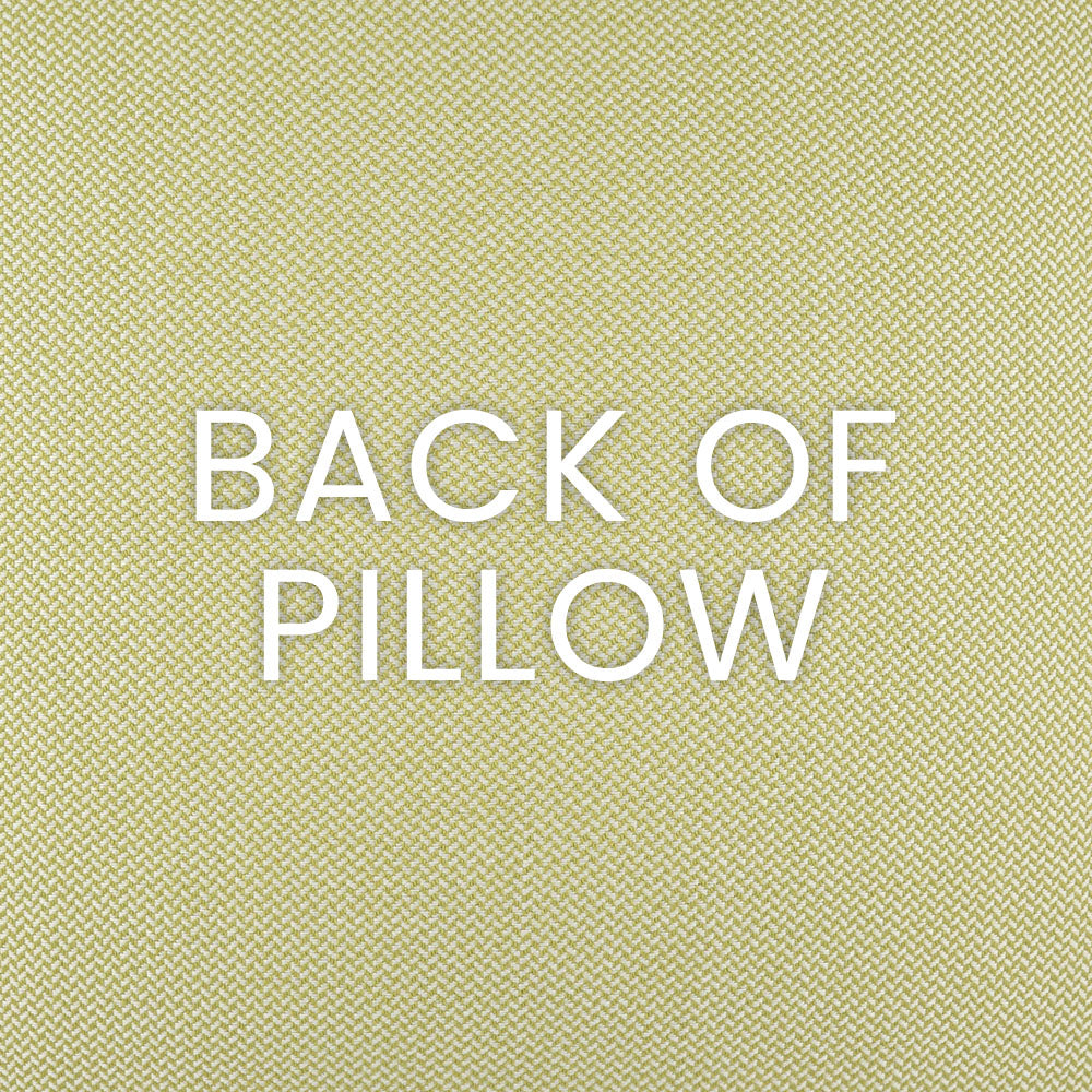 Yellow-green woven pillow fabric close-up with white 'BACK OF PILLOW' text.