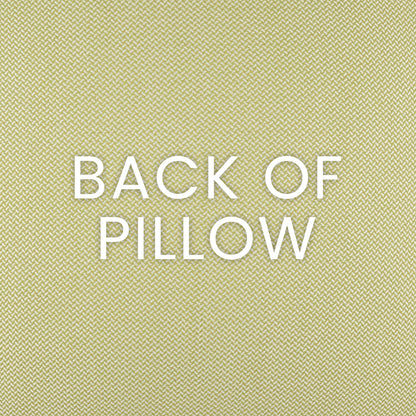 Yellow-green woven pillow fabric close-up with white 'BACK OF PILLOW' text.