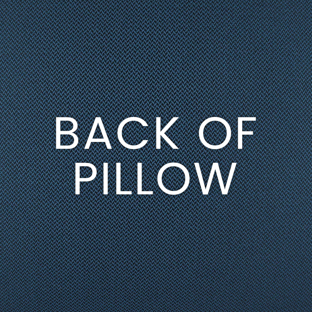 Dark navy woven fabric texture with white BACK OF PILLOW text, indicating the pillow back.