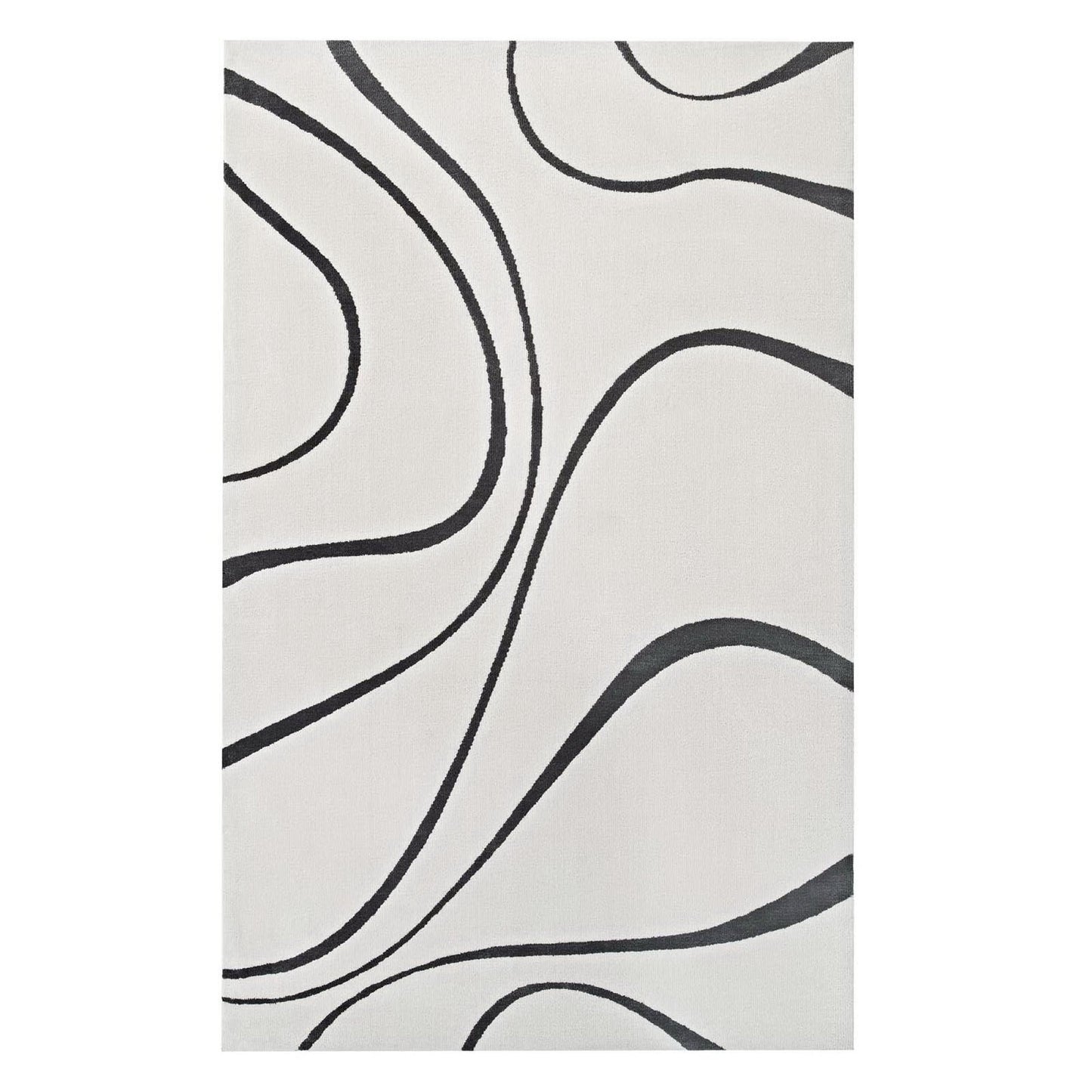 Ivory and charcoal area rug with abstract swirl pattern; modern, minimalist.