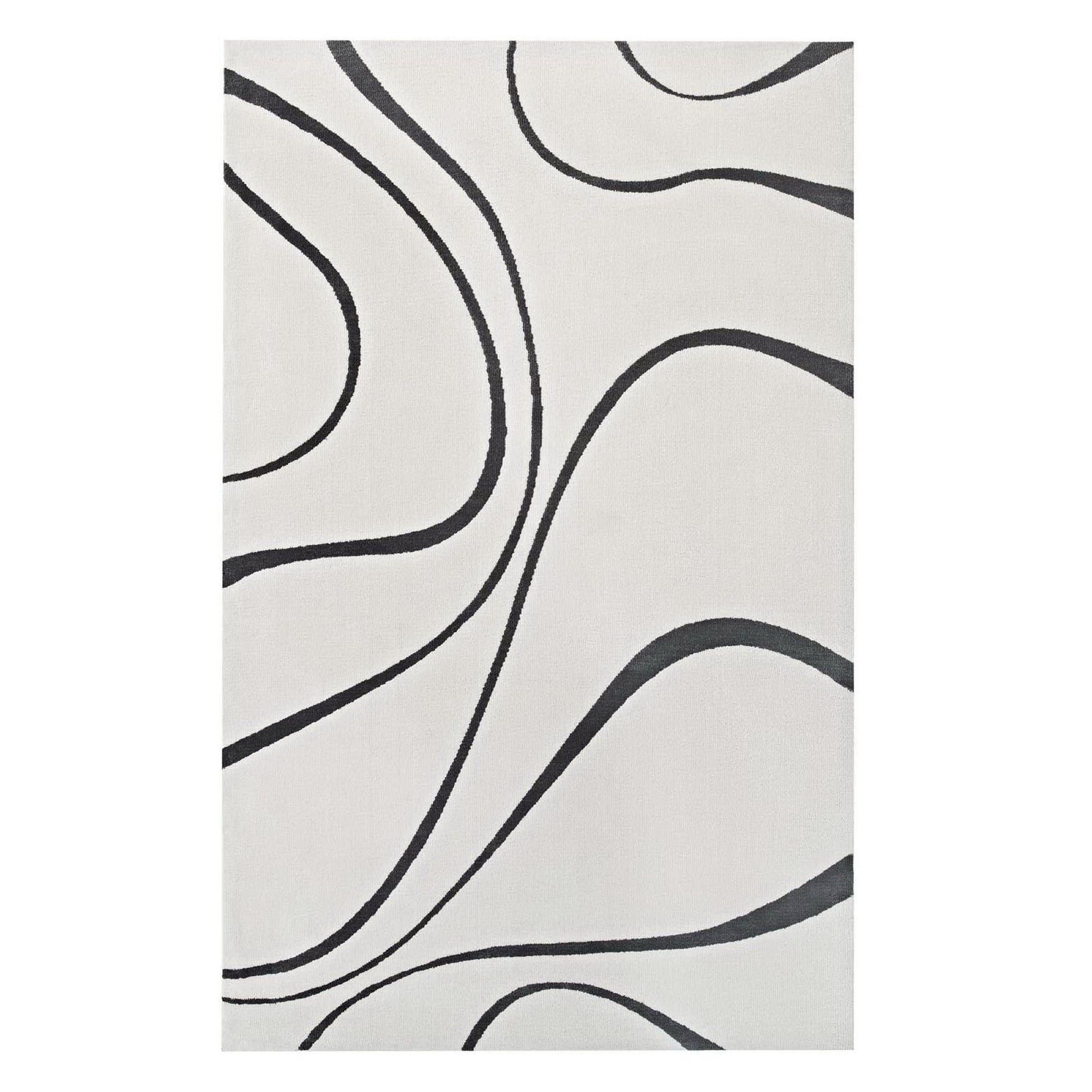 Ivory and charcoal area rug with abstract swirl pattern; modern, minimalist.