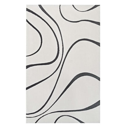 Ivory and charcoal area rug with abstract swirl pattern; modern, minimalist.