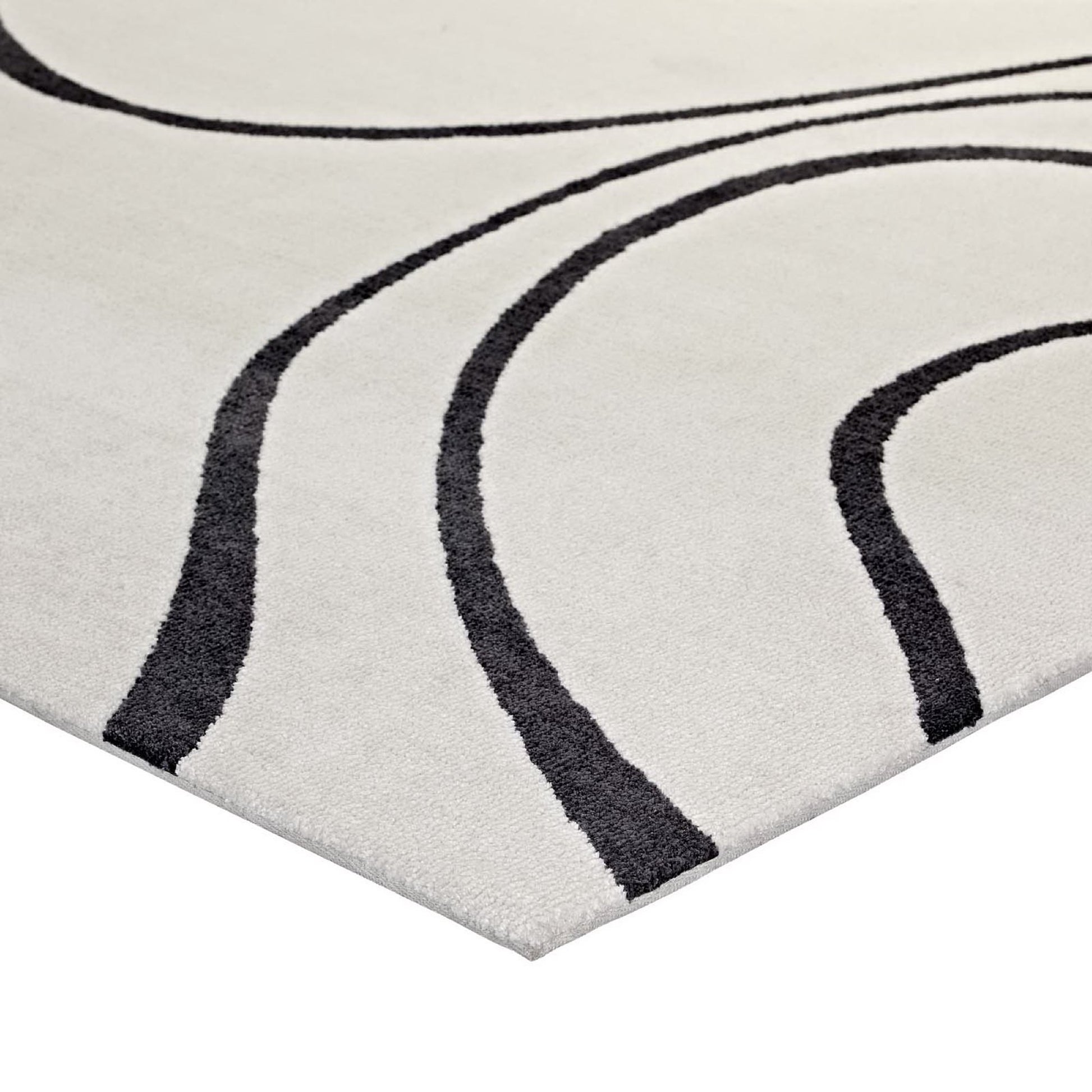 Ivory and charcoal abstract swirl rug with a soft pile for contemporary living spaces.