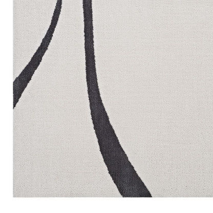 Beige textured rug with bold dark charcoal curved lines, abstract modern design.