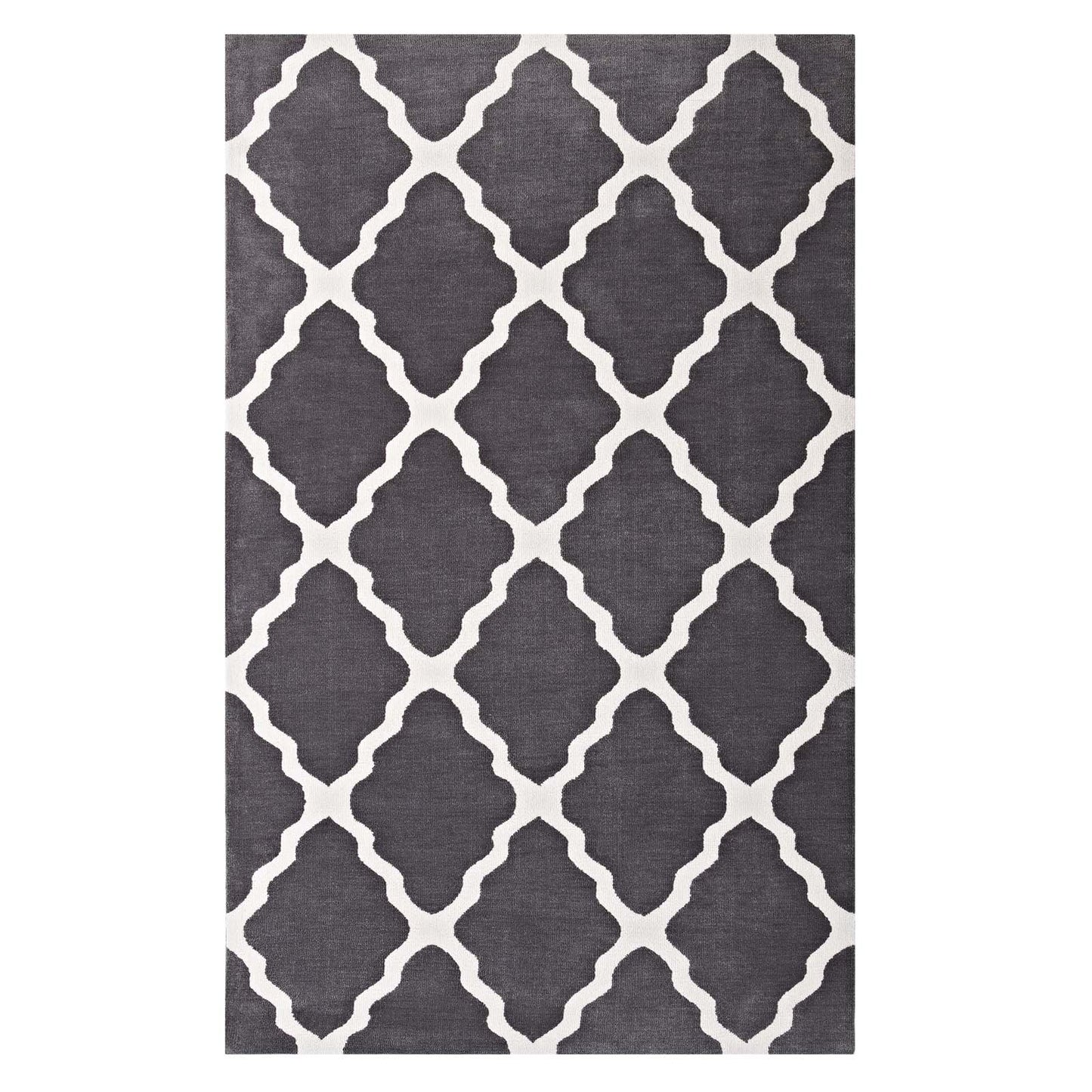 Charcoal gray rug with white trellis quatrefoil lattice pattern.