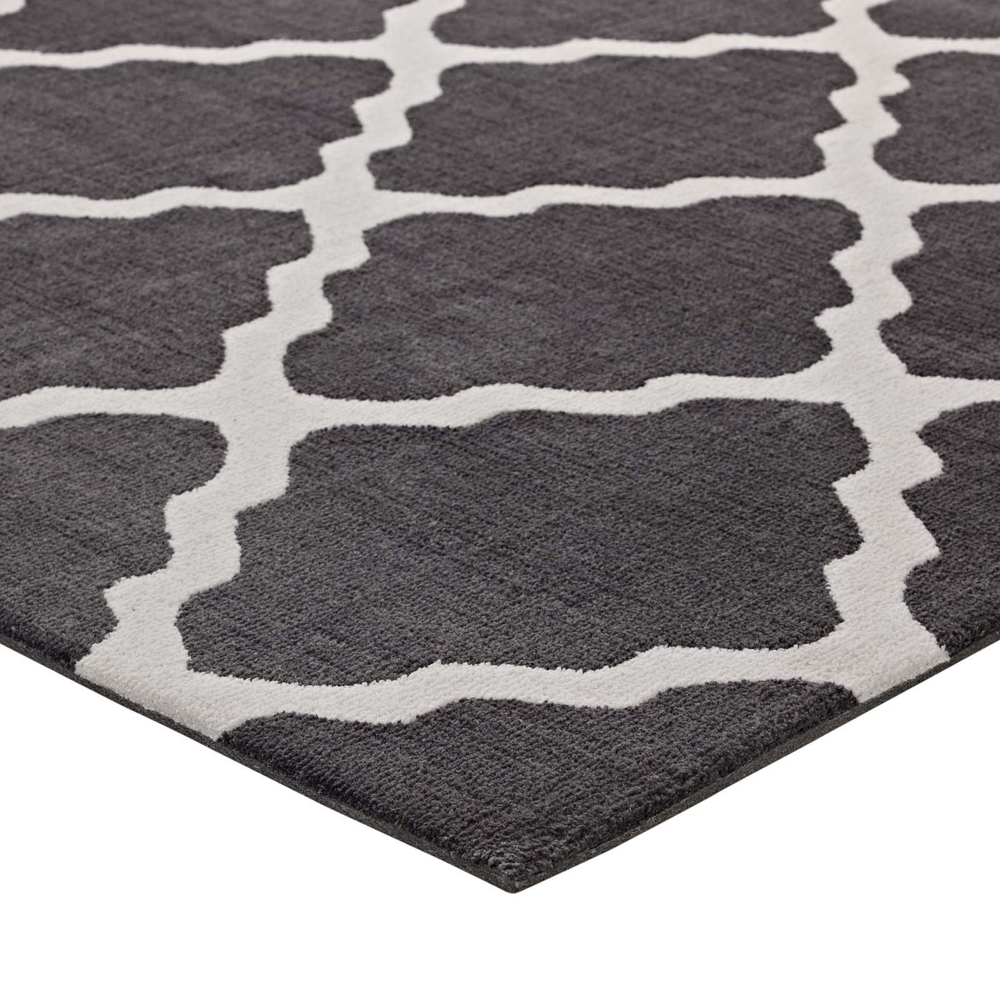 Dark charcoal rug with ivory trellis pattern and soft plush pile.