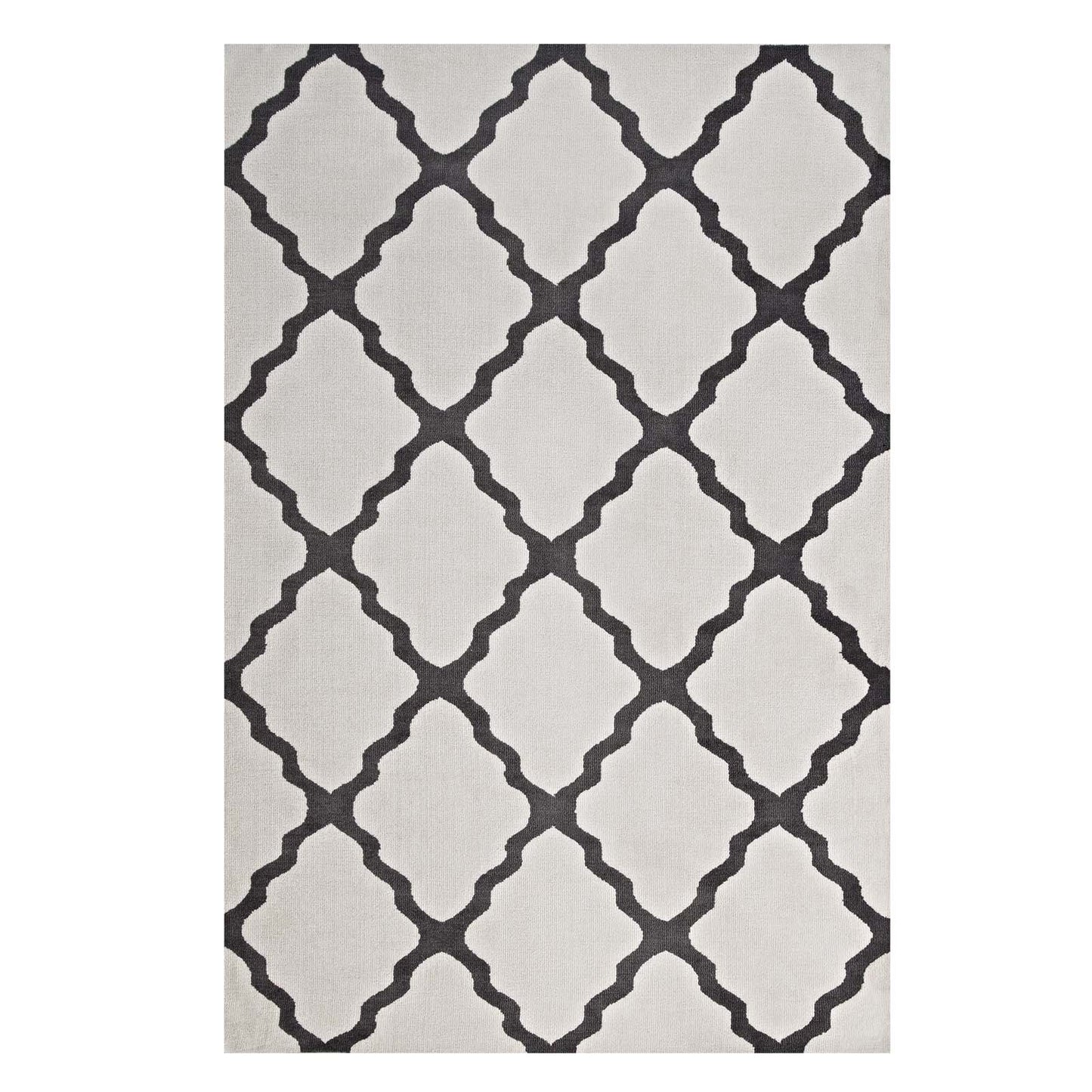 Ivory and charcoal Moroccan trellis rectangular rug with a bold lattice pattern.